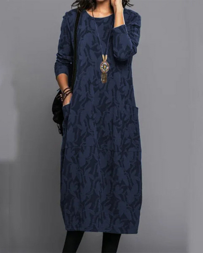Women's Midi Dress Printed Round Neck Long Sleeves