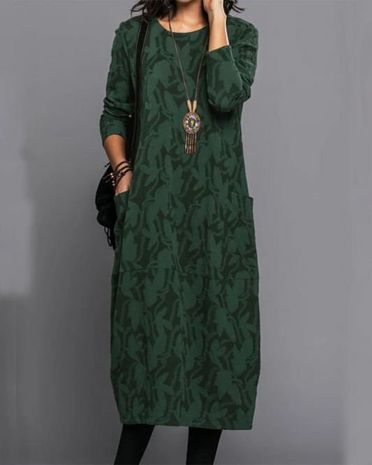 Women's Midi Dress Printed Round Neck Long Sleeves - 
Fashinoza