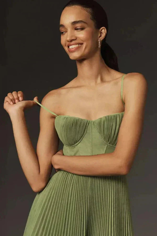 Women's Midi Dress Spaghetti Strap Pleated Bustier Neckline