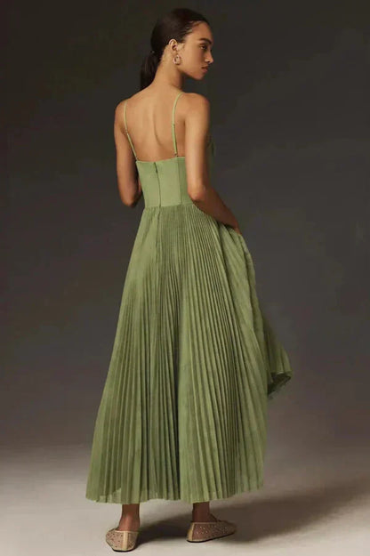 Women's Midi Dress Spaghetti Strap Pleated Bustier Neckline