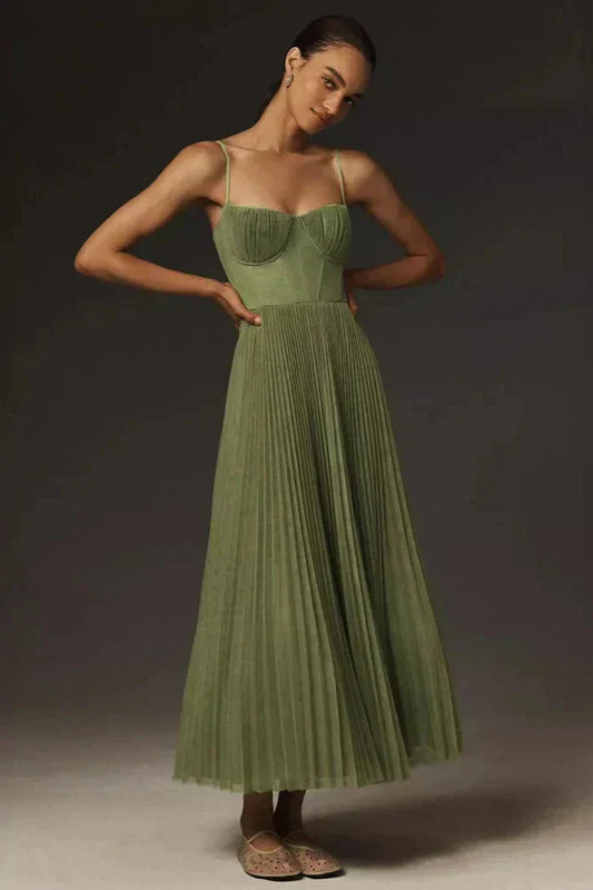 Women's Midi Dress Spaghetti Strap Pleated Bustier Neckline - 
Fashinoza