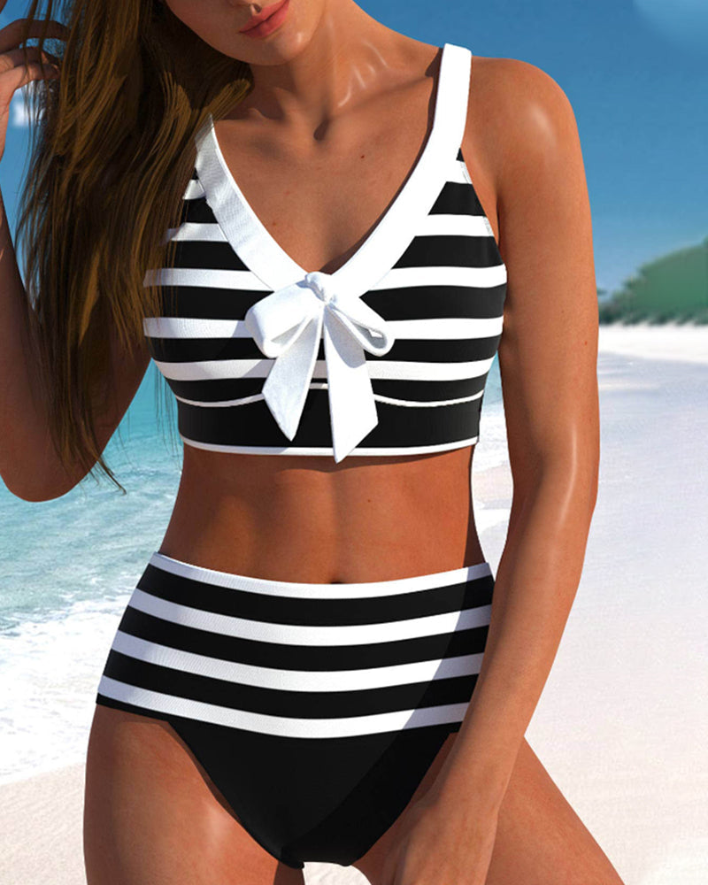 Women's High Waist Striped Bikini Set - Fashinoza