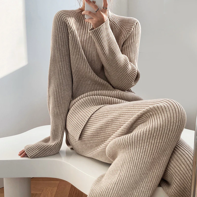 Women's Wide Leg Ribbed Knit Two Piece Set