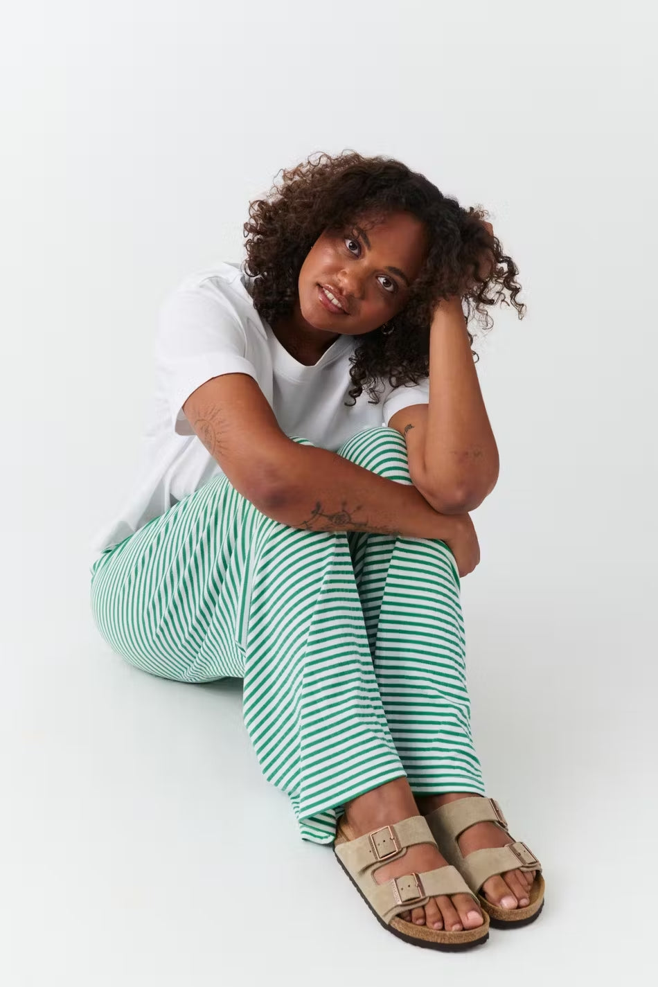 Women's Wide Leg Pants Horizontal Stripes Drawstring Waist Full Length