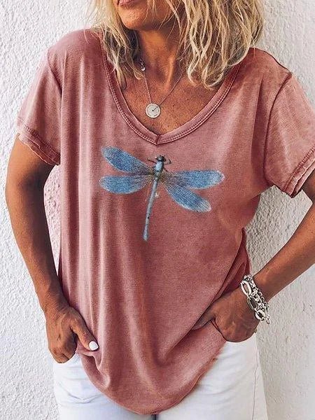 Women's V-Neck Short Sleeve Tee Dragonfly Print Casual - Fashinoza