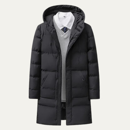 Men's Long Hooded Puffer Jacket Cotton Filled Black - Fashinoza