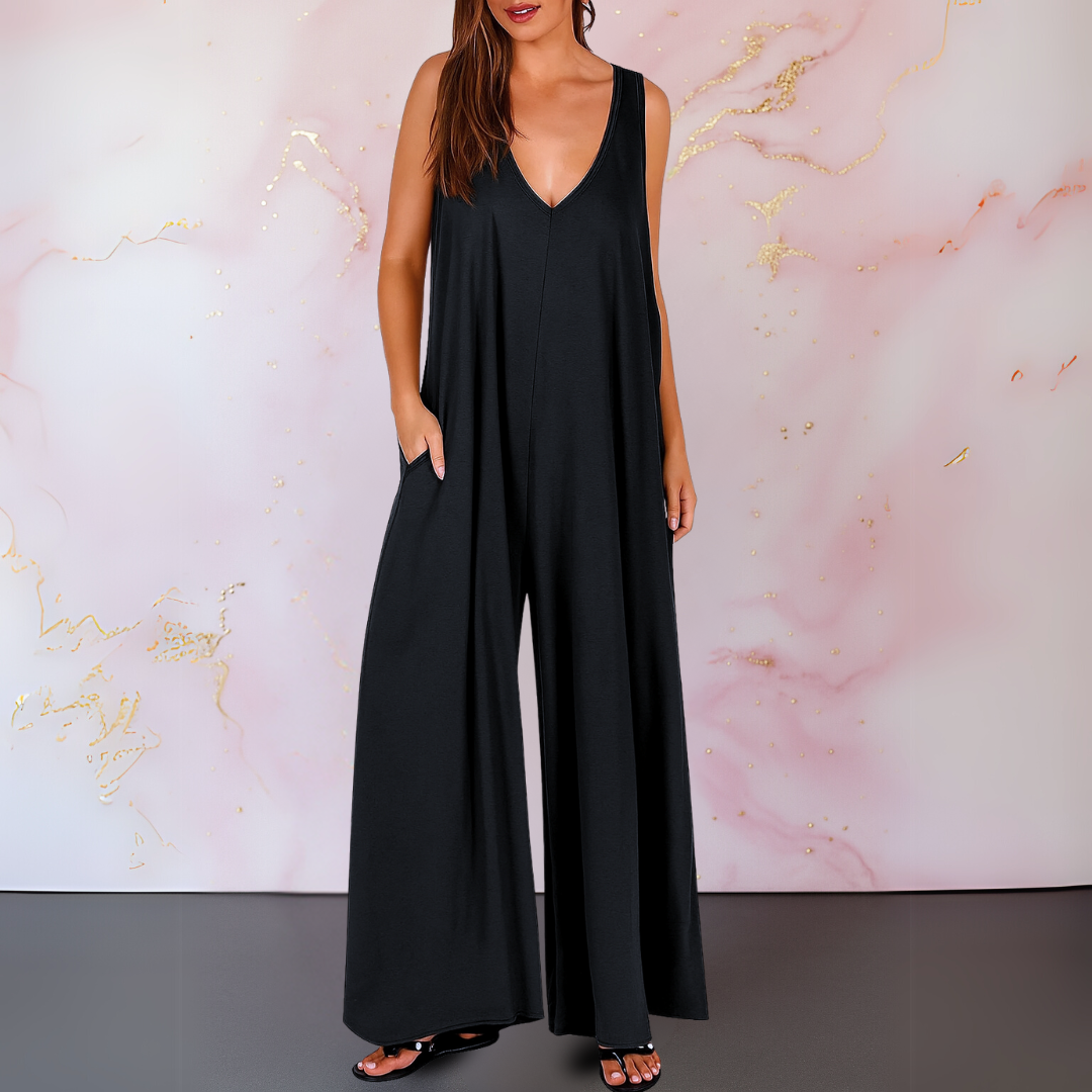 Women's Sleeveless Jumpsuit Wide Leg V-Neck with Pockets - Fashinoza