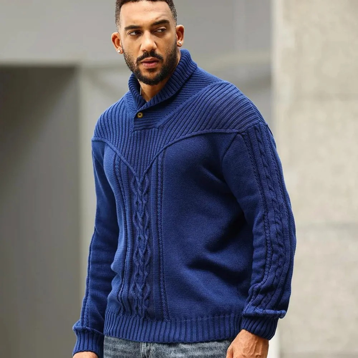 Men's Ribbed Knit Sweater Button Neck Winter