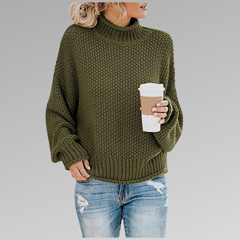 Women's Long Sleeve Knit Sweater Cozy High Neck Beige