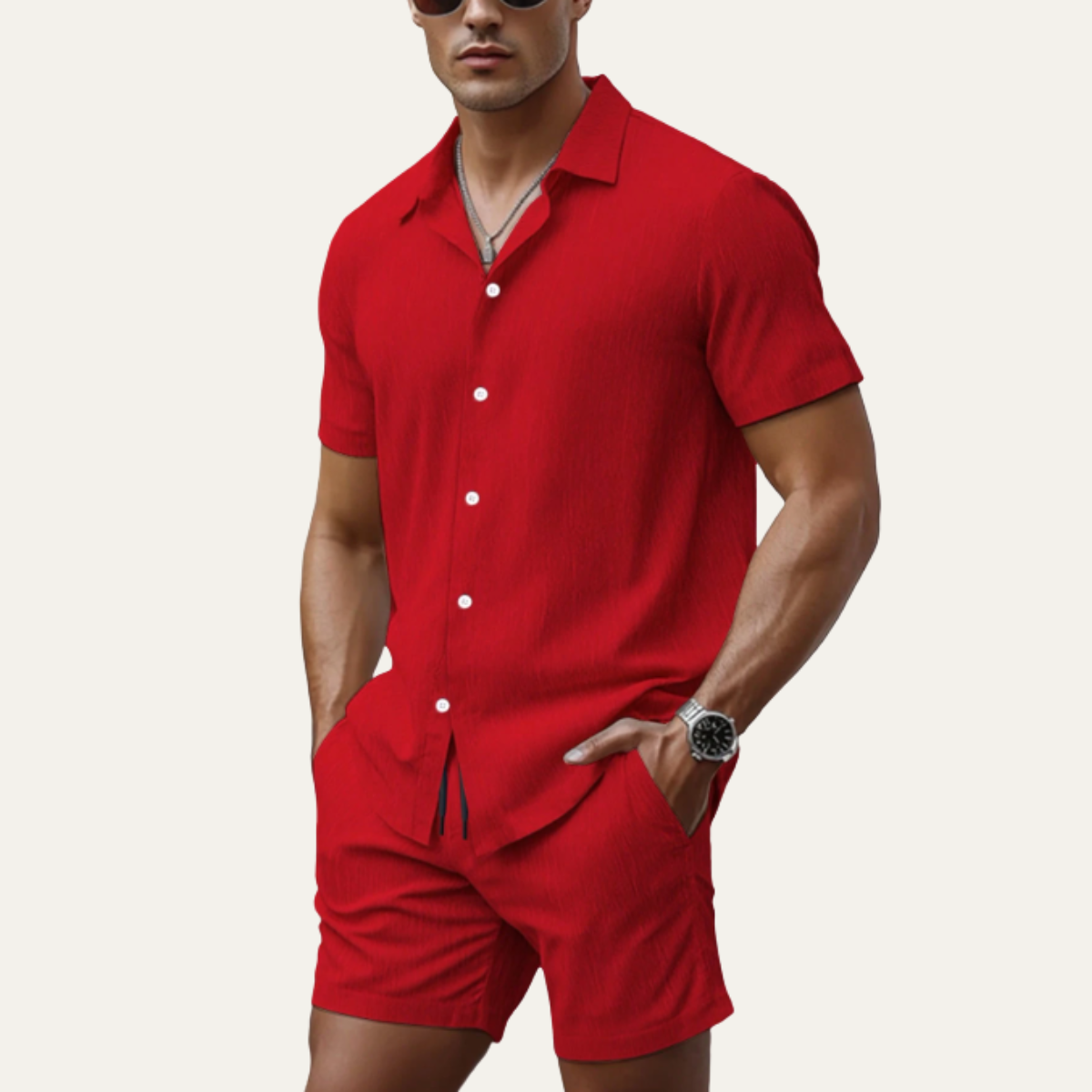 Men's Summer Shirt And Shorts Set Cotton Button Up