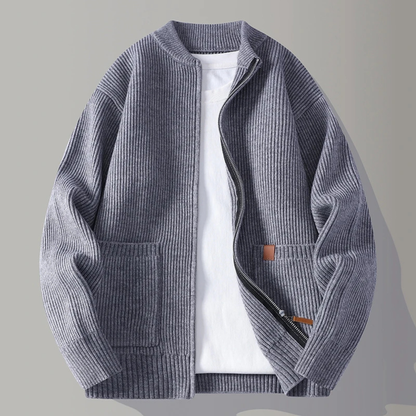 Men's Rib Knit Zip Cardigan Casual Stand Collar