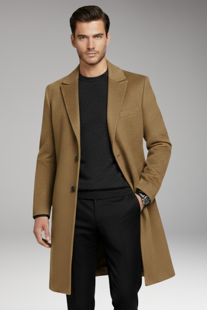 Men's Notched Lapel Long Coat Seam Pockets