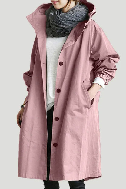 Women's Hooded Trench Coat Oversized Cotton Button Front Beige