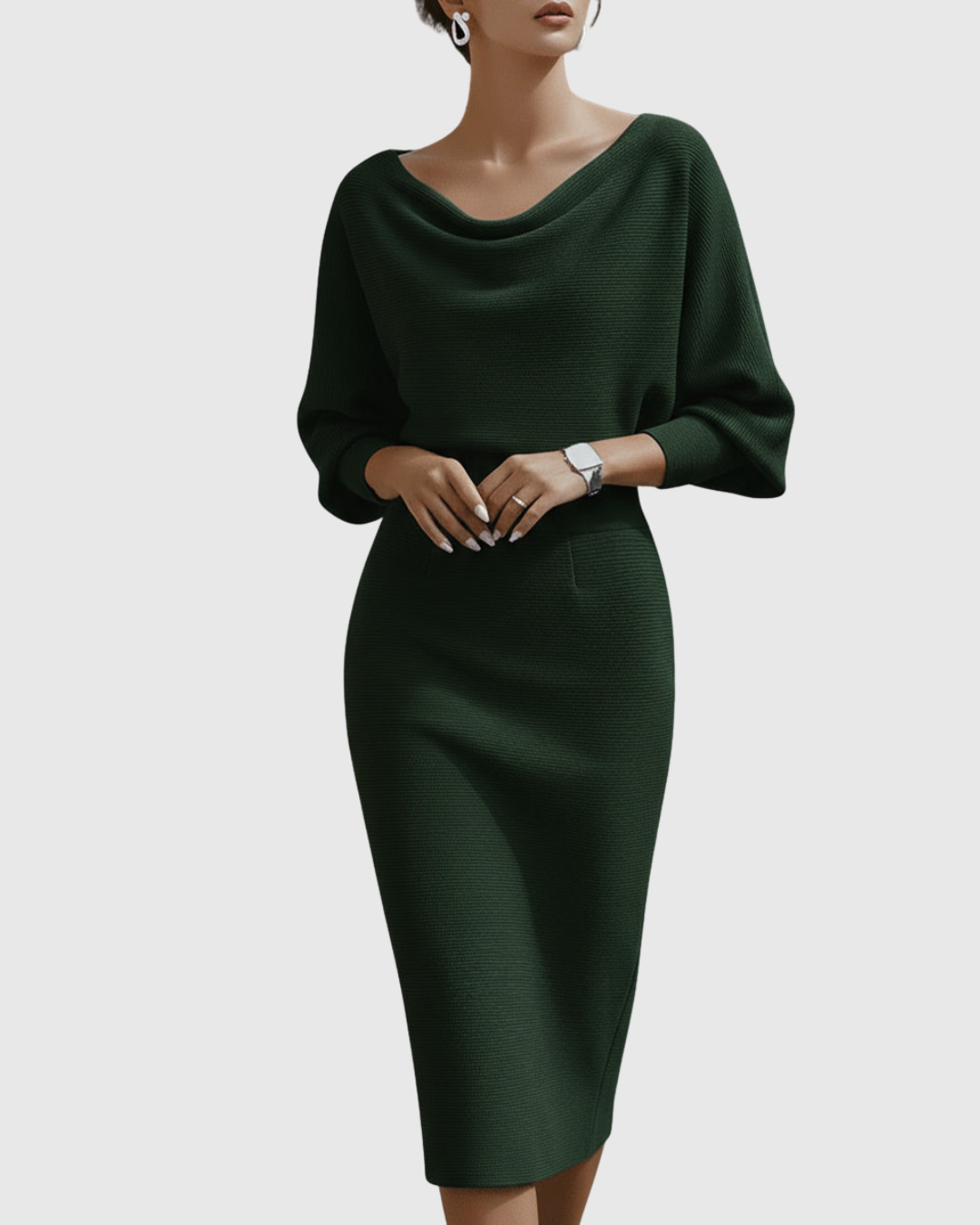 Vivienne Women's Ribbed Midi Dress Batwing Sleeves Cowl Neck