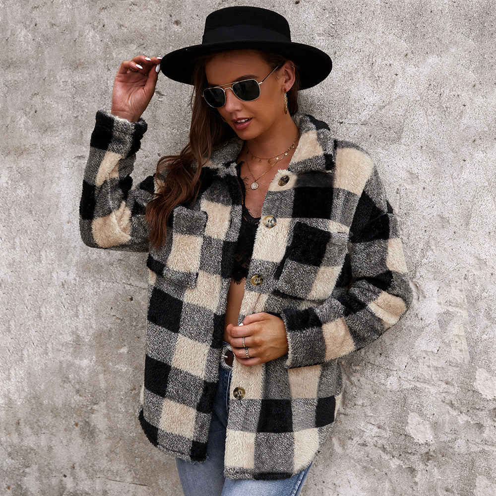 Women's Checkered Plush Fur Coat Warm Winter Outerwear