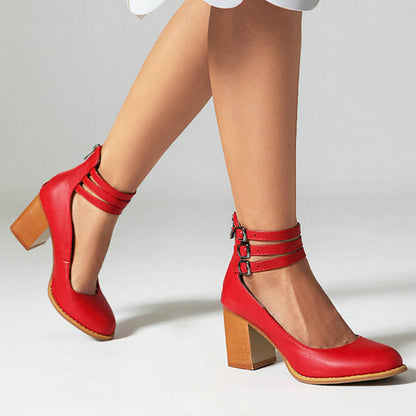 Women's Ankle Strap Sandals Smooth Leather Thick Heel