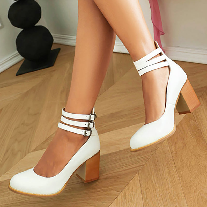 Women's Ankle Strap Sandals Smooth Leather Thick Heel