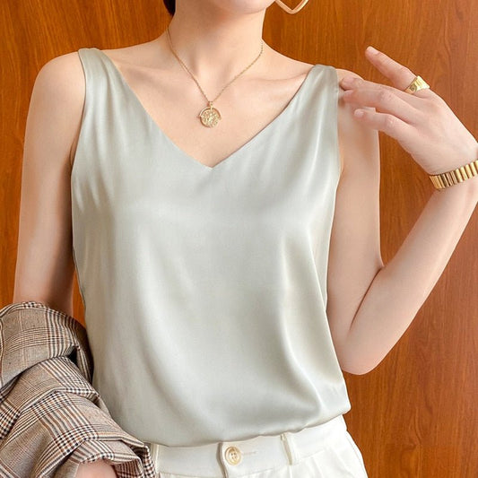 Women's Sleeveless Tank V-Neck Glossy Finish - 
Fashinoza