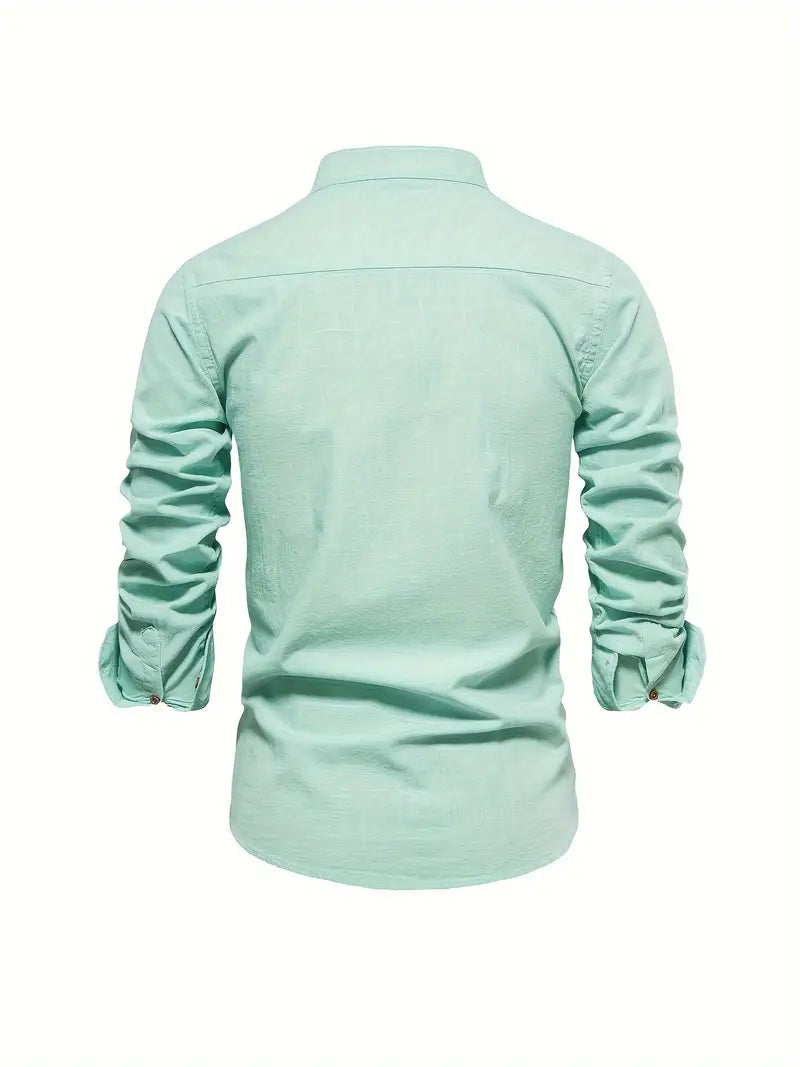 Men's Long Sleeve Button Front Shirt Cotton Band Collar White