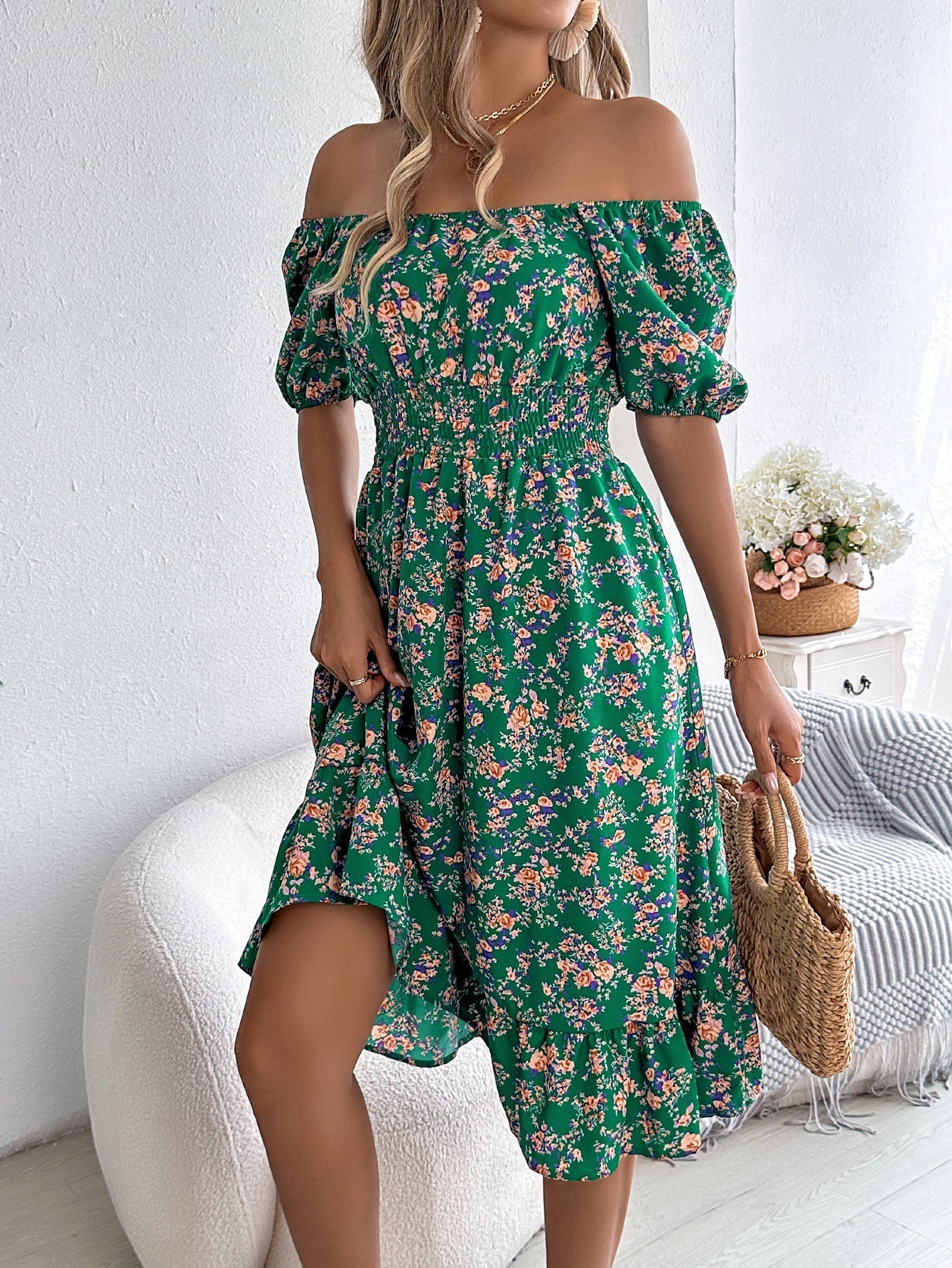 Women's Floral Ruffle High Waist Dress