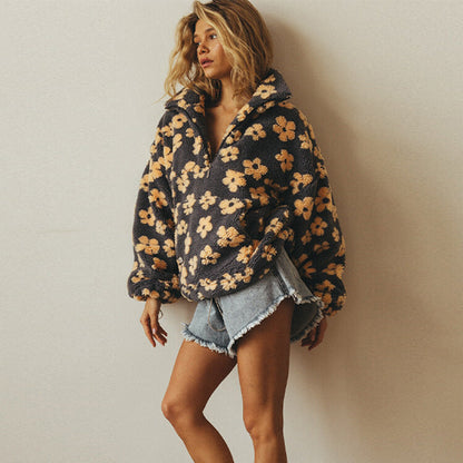 Women's Quarter-Zip Floral Sweater