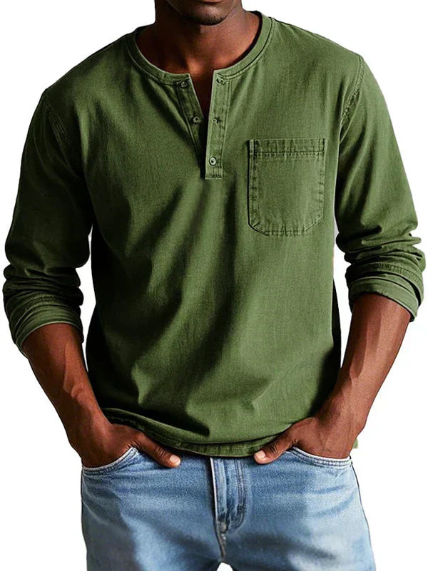 Men's Long Sleeve Henley Shirt Cotton Button Front Chest Pocket