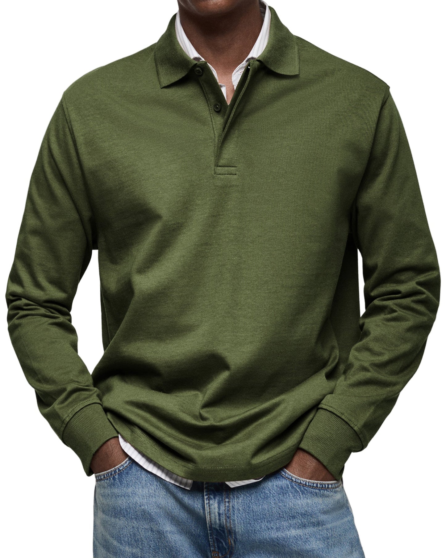 Men's Long-Sleeve Polo Shirt Cotton Button Collar