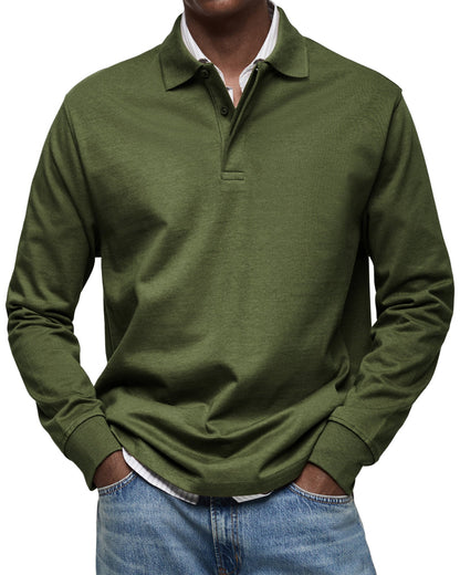 Men's Long-Sleeve Polo Shirt Cotton Button Collar