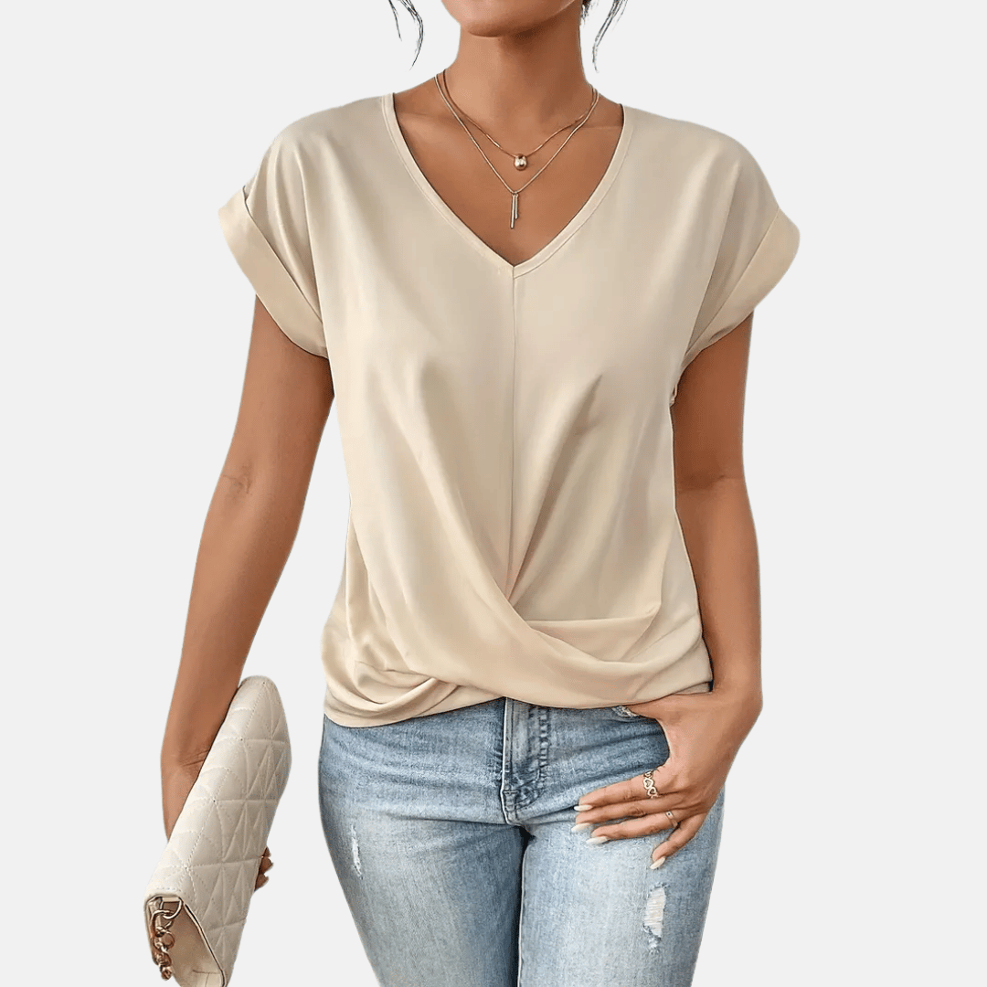 Women V Neck Blouse Draped Hem - Fashinoza