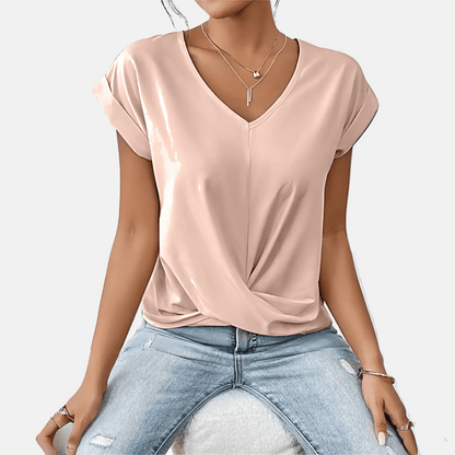 Women V Neck Blouse Draped Hem