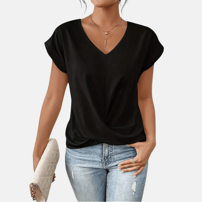 Women V Neck Blouse Draped Hem