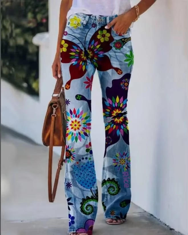 Women's High Waist Flare Jeans Floral Print