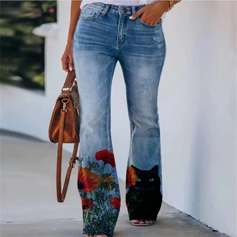 Women's High Waist Flare Jeans Floral Print