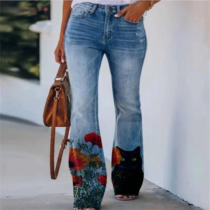 Women's High Waist Flare Jeans Floral Print