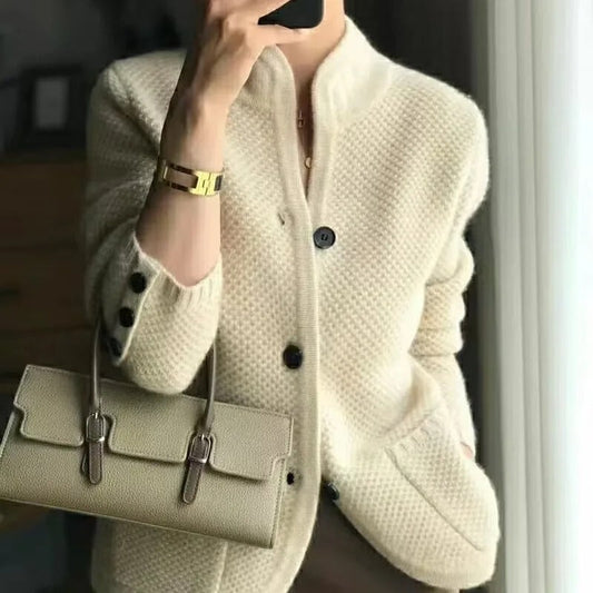 Women's Cashmere Wool Jacket Thick Warm Beige - Fashinoza