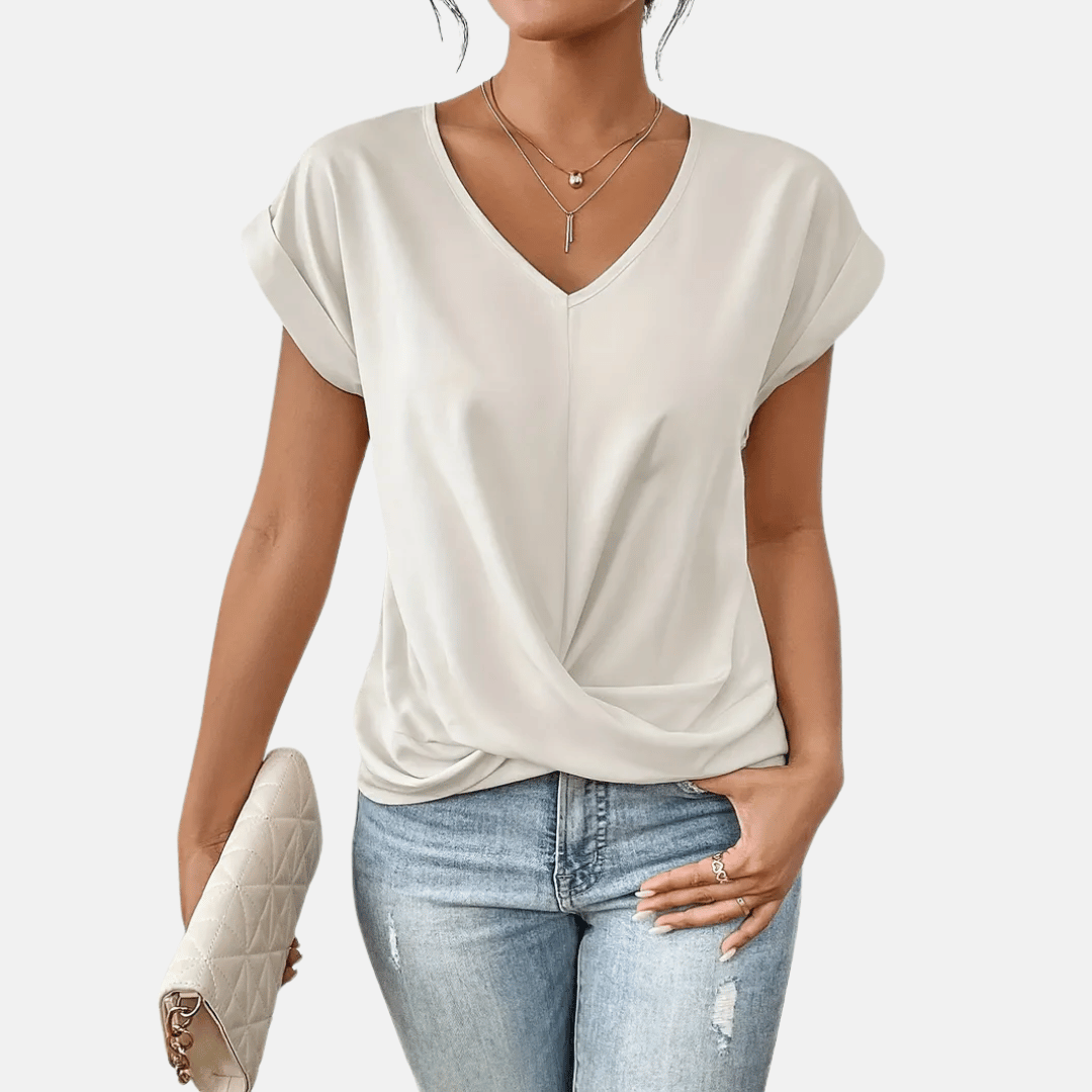 Women V Neck Blouse Draped Hem