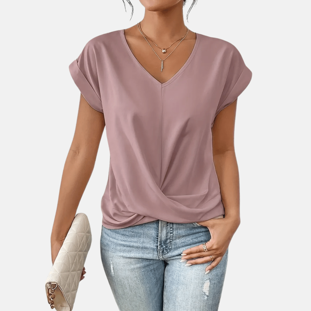 Women V Neck Blouse Draped Hem