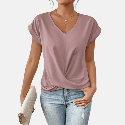 Women V Neck Blouse Draped Hem