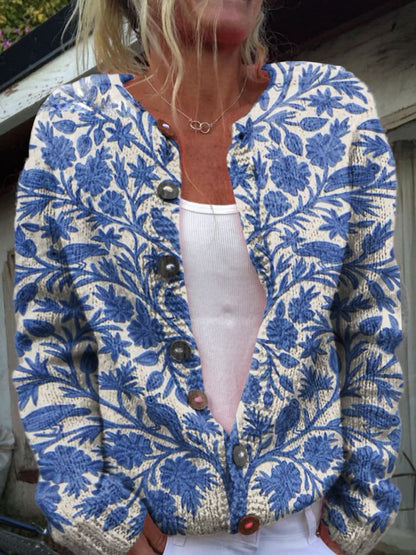 Women's Floral Cardigan Sweater Crew Neck Button Closure - Fashinoza