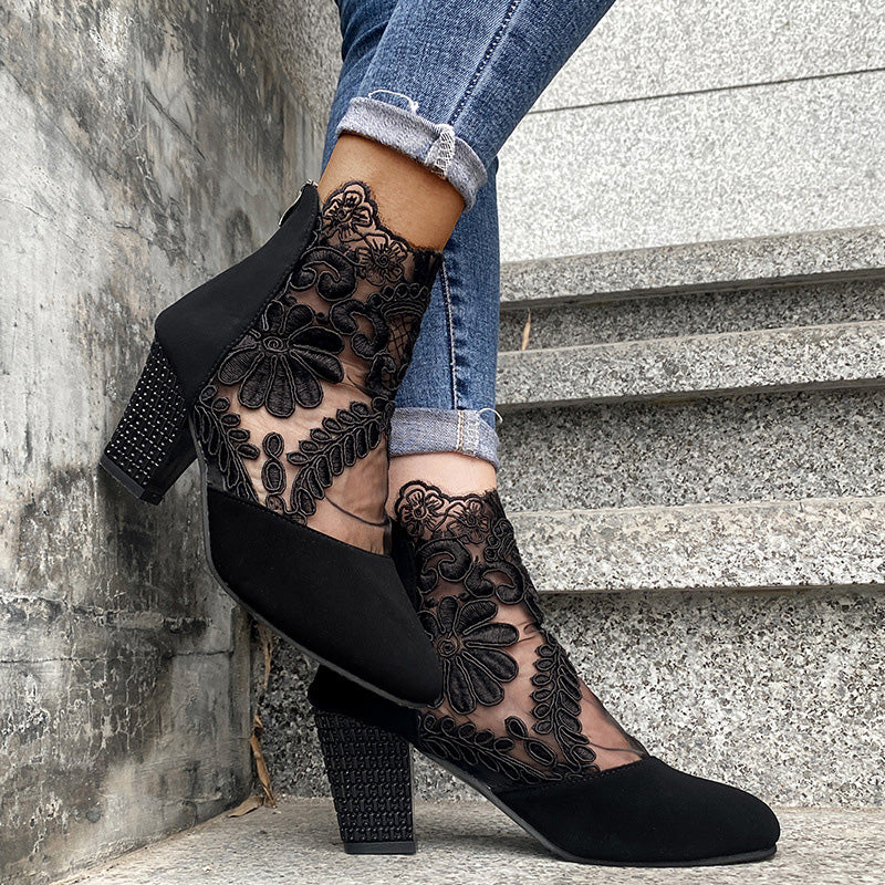 Women's Lace Panel Block Heel Ankle Orthopedic Boots