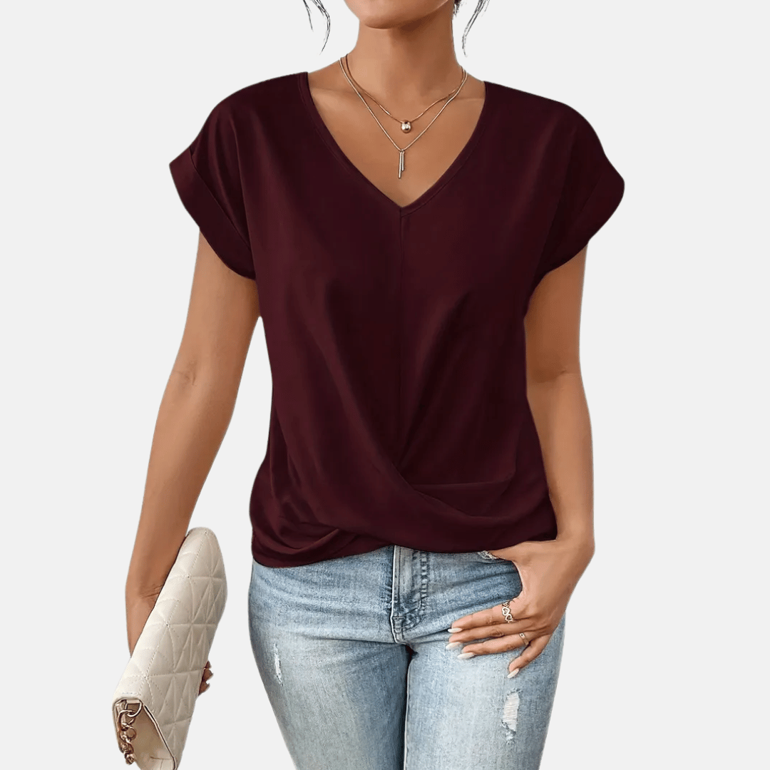 Women V Neck Blouse Draped Hem