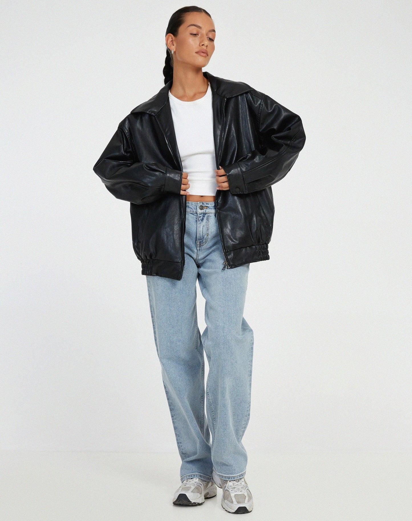 Women's Leather Zip Up Jacket High Collar Relaxed Fit Black