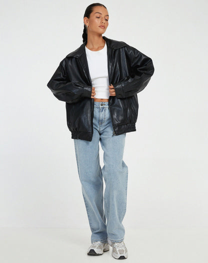 Women's Leather Zip Up Jacket High Collar Relaxed Fit Black
