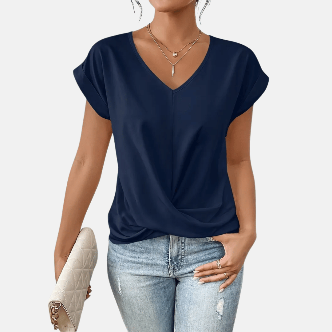 Women V Neck Blouse Draped Hem