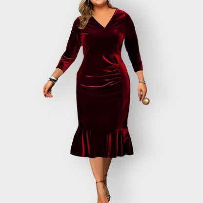 Women's Velvet Ruffle Midi Dress