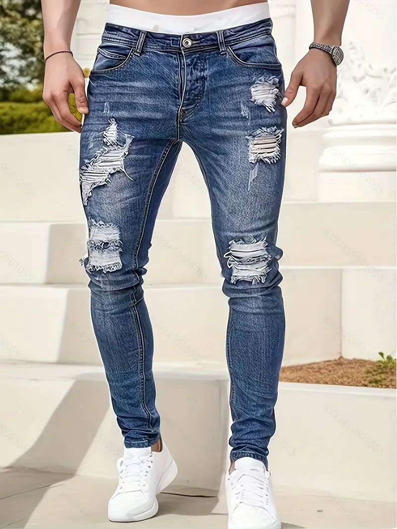 Men's Ripped Skinny Jeans Distressed Denim Blue