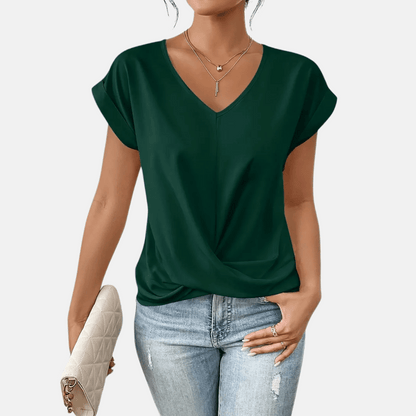 Women V Neck Blouse Draped Hem