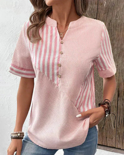 Women's Striped Short Sleeve Henley Blouse - 
Fashinoza