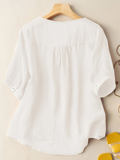 Women's Embroidered V-Neck Tunic Blouse Relaxed Fit