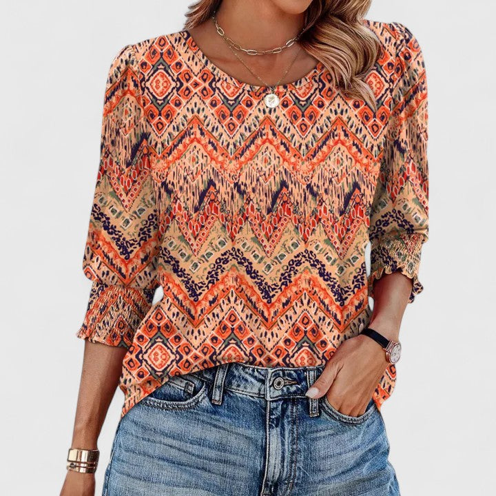 Women's Smocked Crew Neck 3/4 Sleeve
